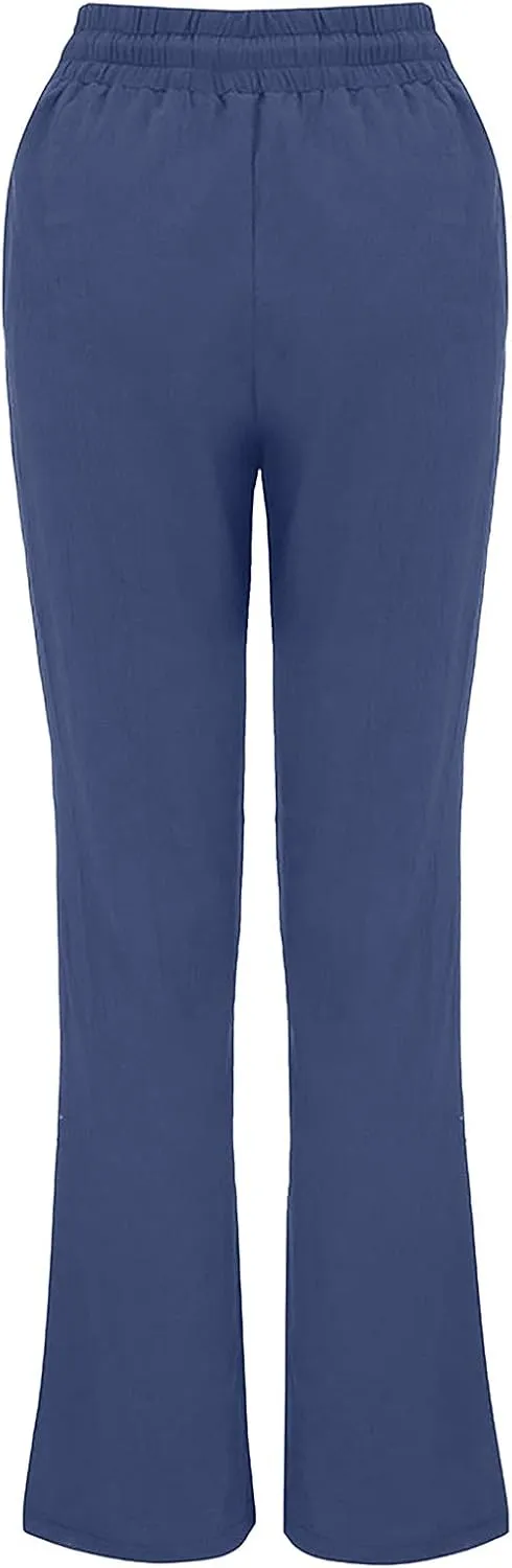 Linen Pants Women Casual Straight Leg Drawstring Elastic High Waist Pants Loose Palazzo Trousers with Pockets