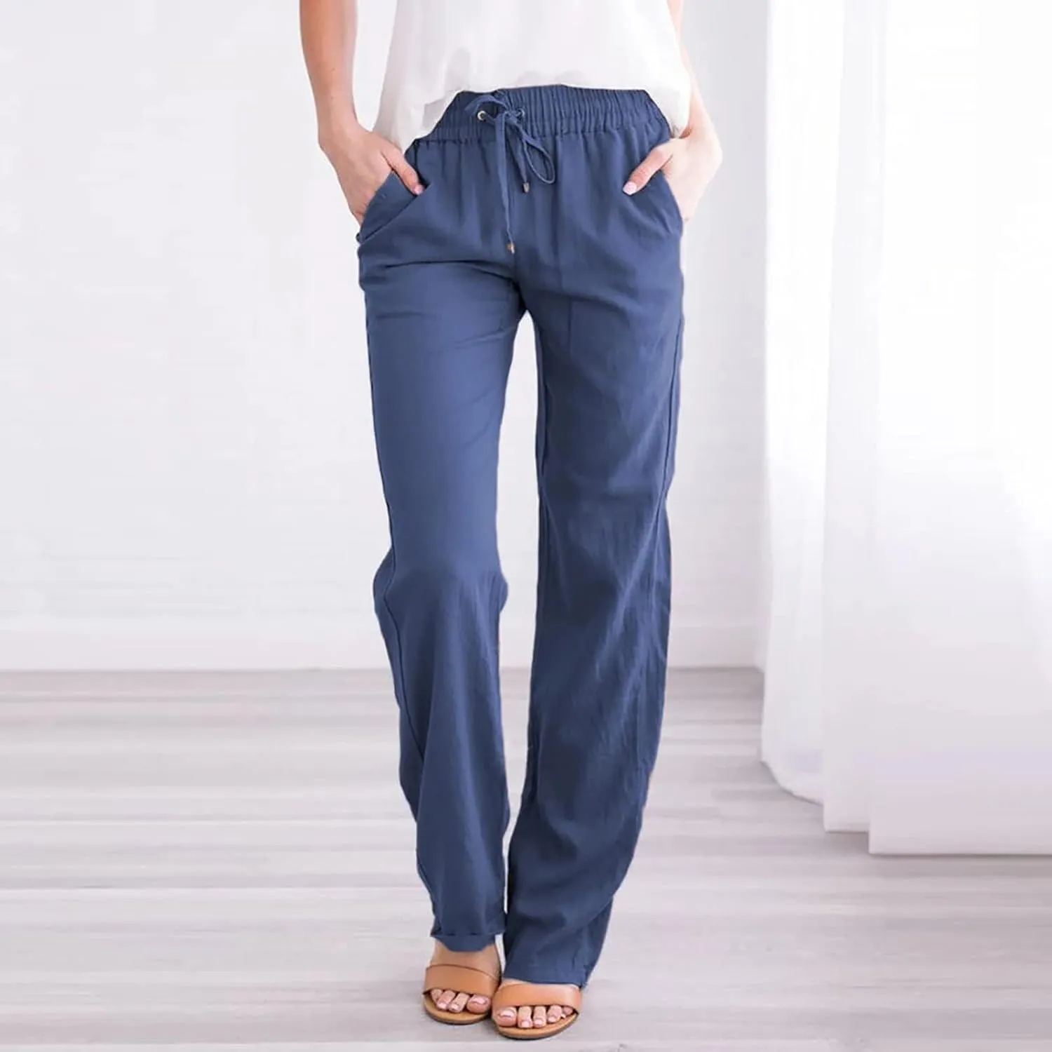 Linen Pants Women Casual Straight Leg Drawstring Elastic High Waist Pants Loose Palazzo Trousers with Pockets