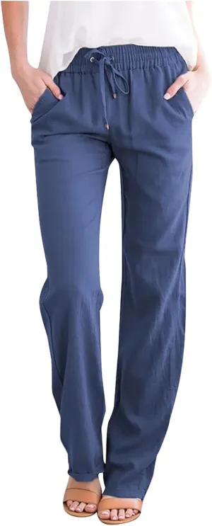 Linen Pants Women Casual Straight Leg Drawstring Elastic High Waist Pants Loose Palazzo Trousers with Pockets