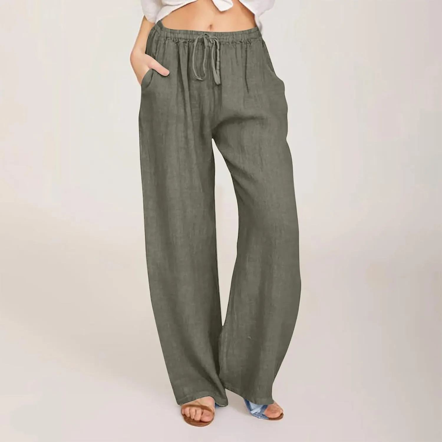 Linen Pants Women Drawstring Elastic Waist Wide Leg Trousers Summer Casual Boho Beach Palazzo Pants with Pcokets 2025