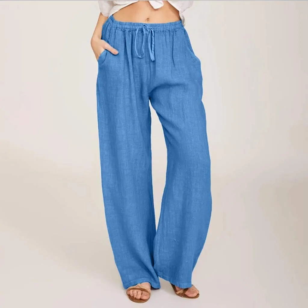 Linen Pants Women Drawstring Elastic Waist Wide Leg Trousers Summer Casual Boho Beach Palazzo Pants with Pcokets 2025
