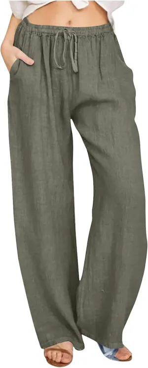 Linen Pants Women Drawstring Elastic Waist Wide Leg Trousers Summer Casual Boho Beach Palazzo Pants with Pcokets 2025