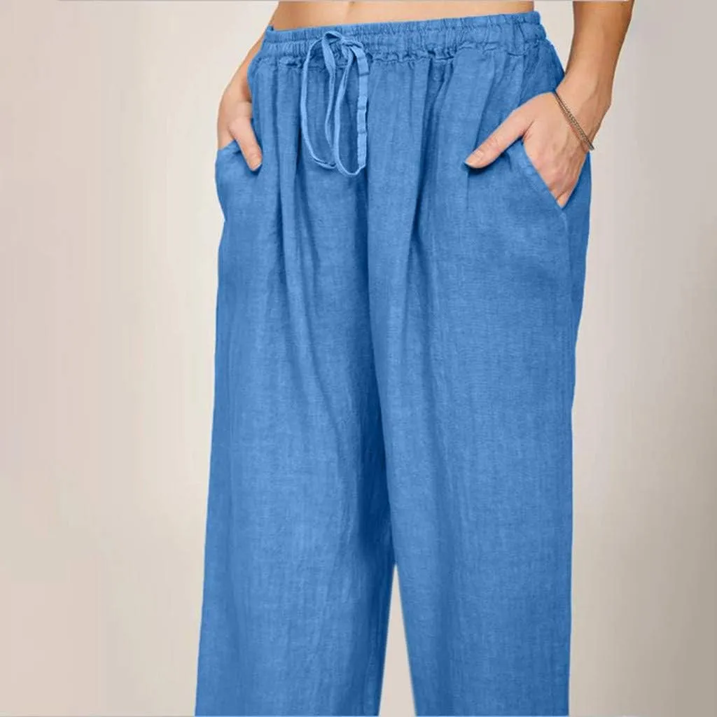 Linen Pants Women Drawstring Elastic Waist Wide Leg Trousers Summer Casual Boho Beach Palazzo Pants with Pcokets 2025