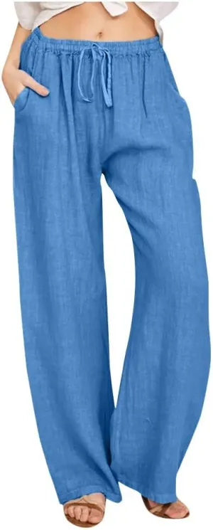 Linen Pants Women Drawstring Elastic Waist Wide Leg Trousers Summer Casual Boho Beach Palazzo Pants with Pcokets 2025