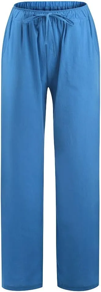 Linen Pants Women Drawstring Elastic Waist Wide Leg Trousers Summer Casual Boho Beach Palazzo Pants with Pcokets 2025