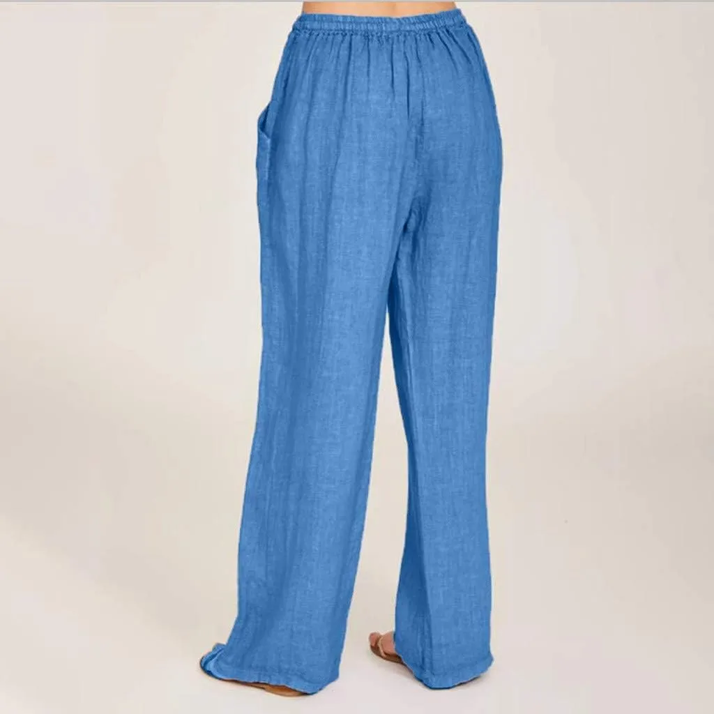 Linen Pants Women Drawstring Elastic Waist Wide Leg Trousers Summer Casual Boho Beach Palazzo Pants with Pcokets 2025