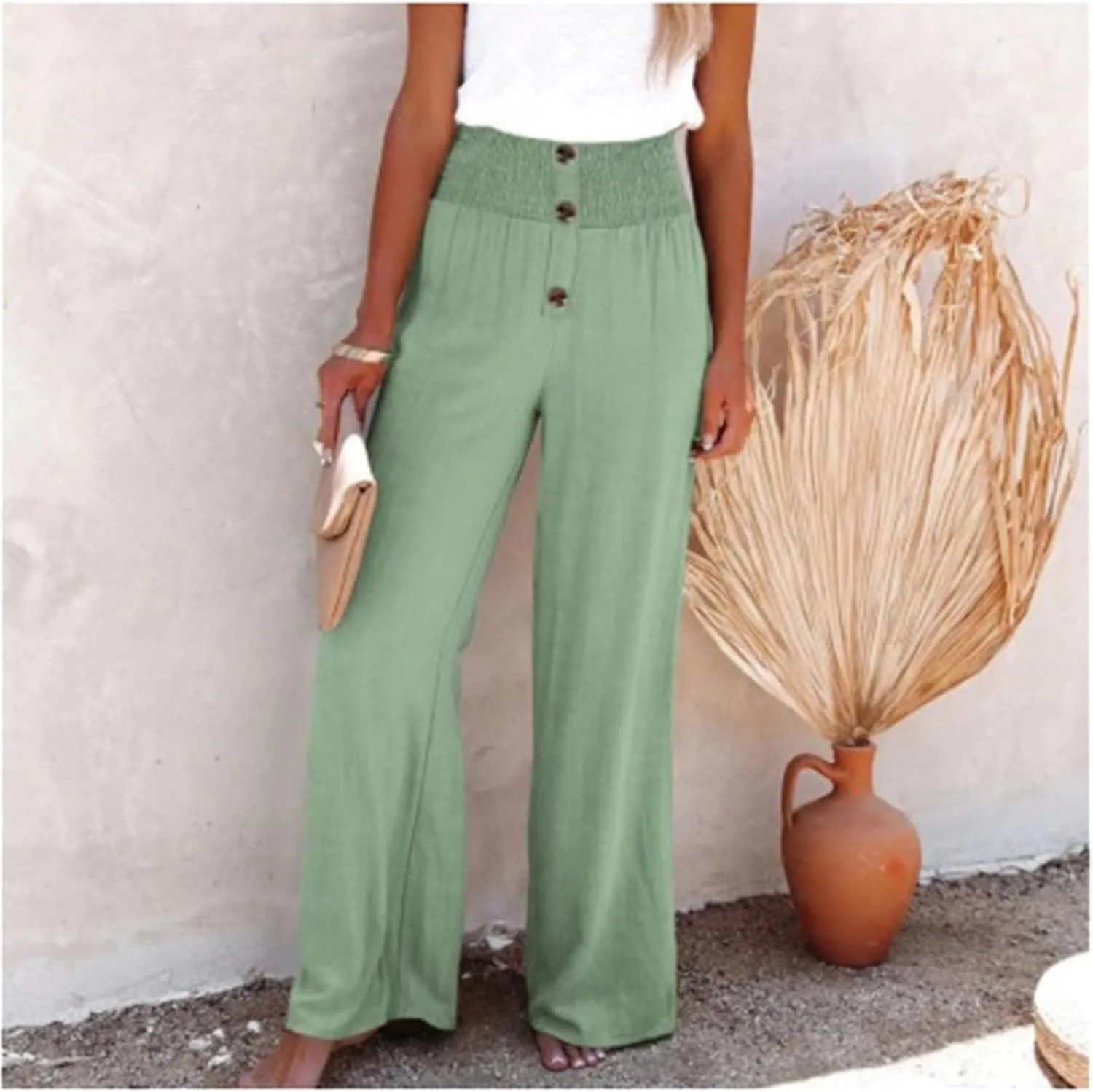 Linen Pants Women Smocked High Waisted Palazzo Pants Ladies Dressy Casual Loose Fit Wide Leg Trousers Summer Clothes