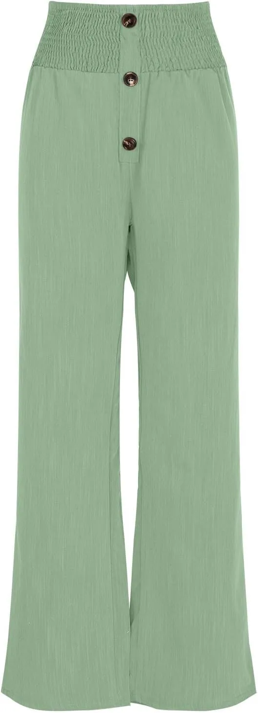 Linen Pants Women Smocked High Waisted Palazzo Pants Ladies Dressy Casual Loose Fit Wide Leg Trousers Summer Clothes