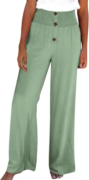 Linen Pants Women Smocked High Waisted Palazzo Pants Ladies Dressy Casual Loose Fit Wide Leg Trousers Summer Clothes