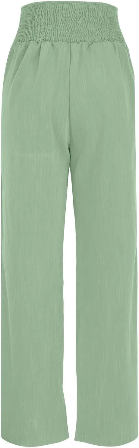 Linen Pants Women Smocked High Waisted Palazzo Pants Ladies Dressy Casual Loose Fit Wide Leg Trousers Summer Clothes