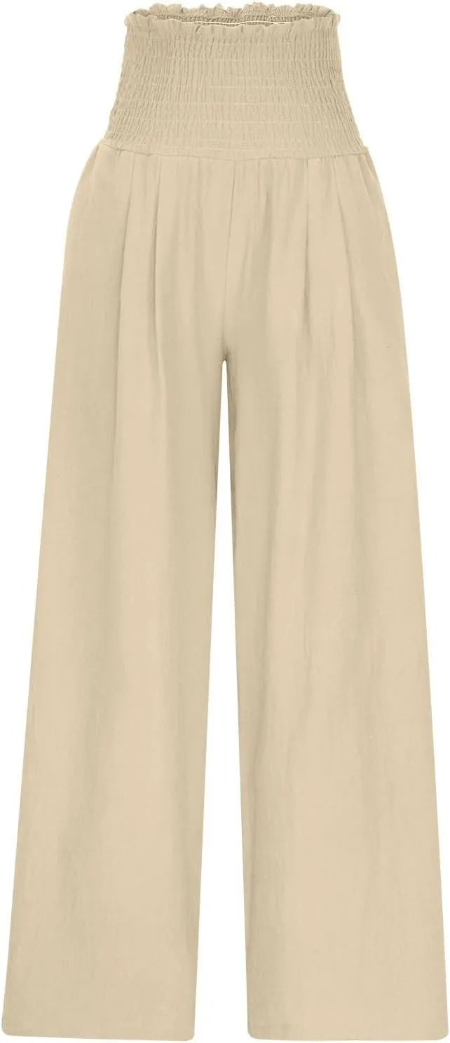 Linen Pants Women Smocked High Waisted Palazzo Pants Ladies Wide Leg Trousers Dressy Casual Summer Beach Outfits