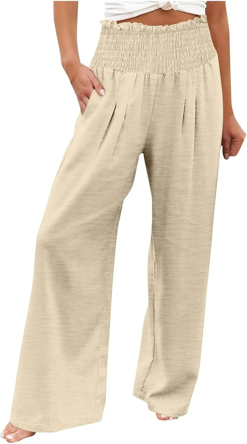 Linen Pants Women Smocked High Waisted Palazzo Pants Ladies Wide Leg Trousers Dressy Casual Summer Beach Outfits