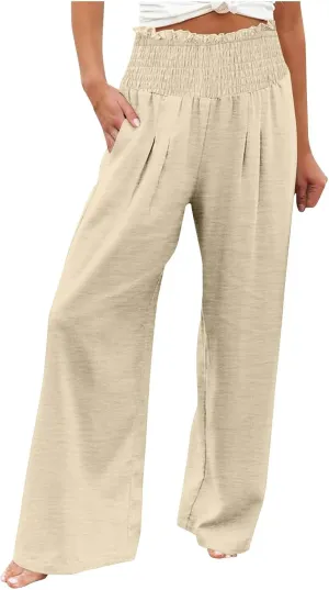 Linen Pants Women Smocked High Waisted Palazzo Pants Ladies Wide Leg Trousers Dressy Casual Summer Beach Outfits