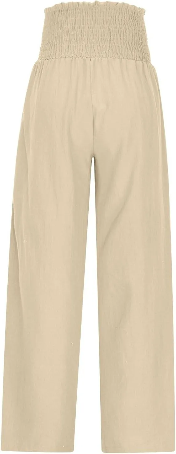 Linen Pants Women Smocked High Waisted Palazzo Pants Ladies Wide Leg Trousers Dressy Casual Summer Beach Outfits