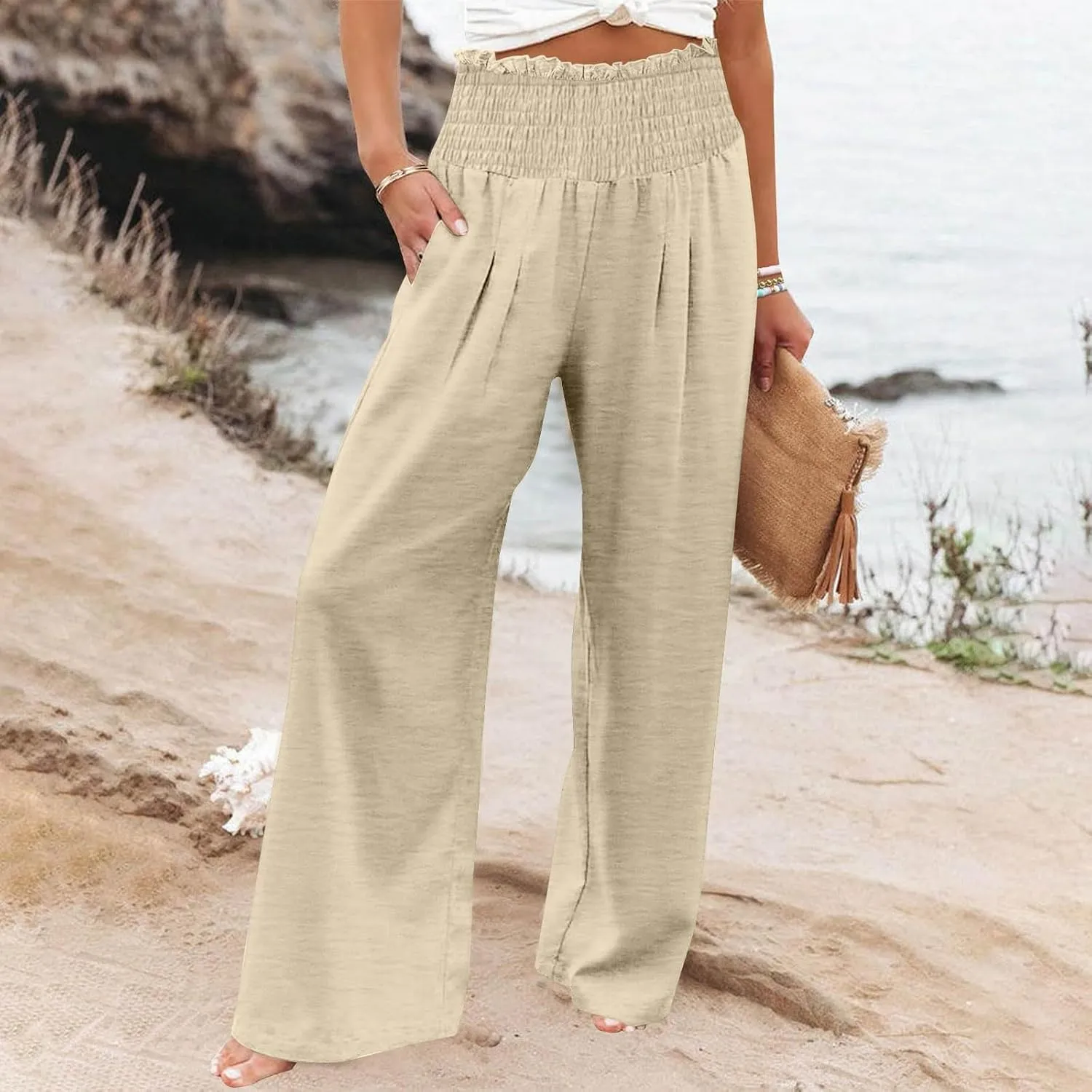 Linen Pants Women Smocked High Waisted Palazzo Pants Ladies Wide Leg Trousers Dressy Casual Summer Beach Outfits