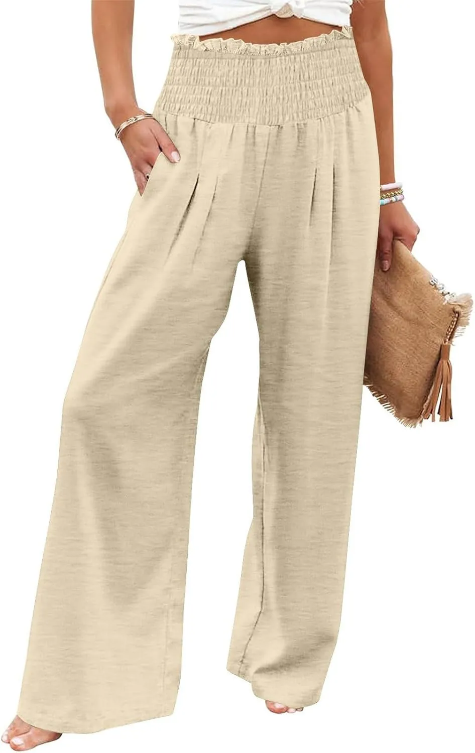 Linen Pants Women Smocked High Waisted Palazzo Pants Ladies Wide Leg Trousers Dressy Casual Summer Beach Outfits