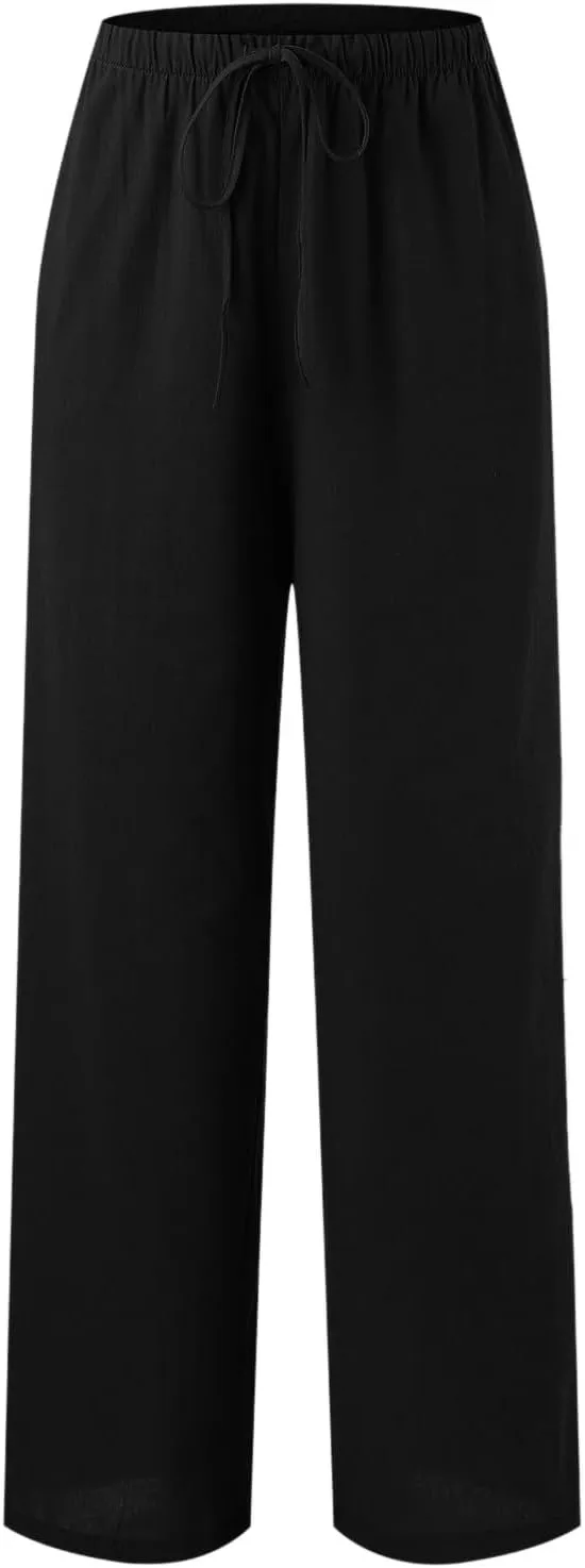 Linen Pants Women Summer Drawstring Elastic Waist Palazzo Trousers Loose Flowy Wide Leg Beach Pants with Pockets