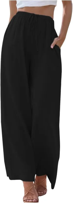Linen Pants Women Summer Drawstring Elastic Waist Palazzo Trousers Loose Flowy Wide Leg Beach Pants with Pockets