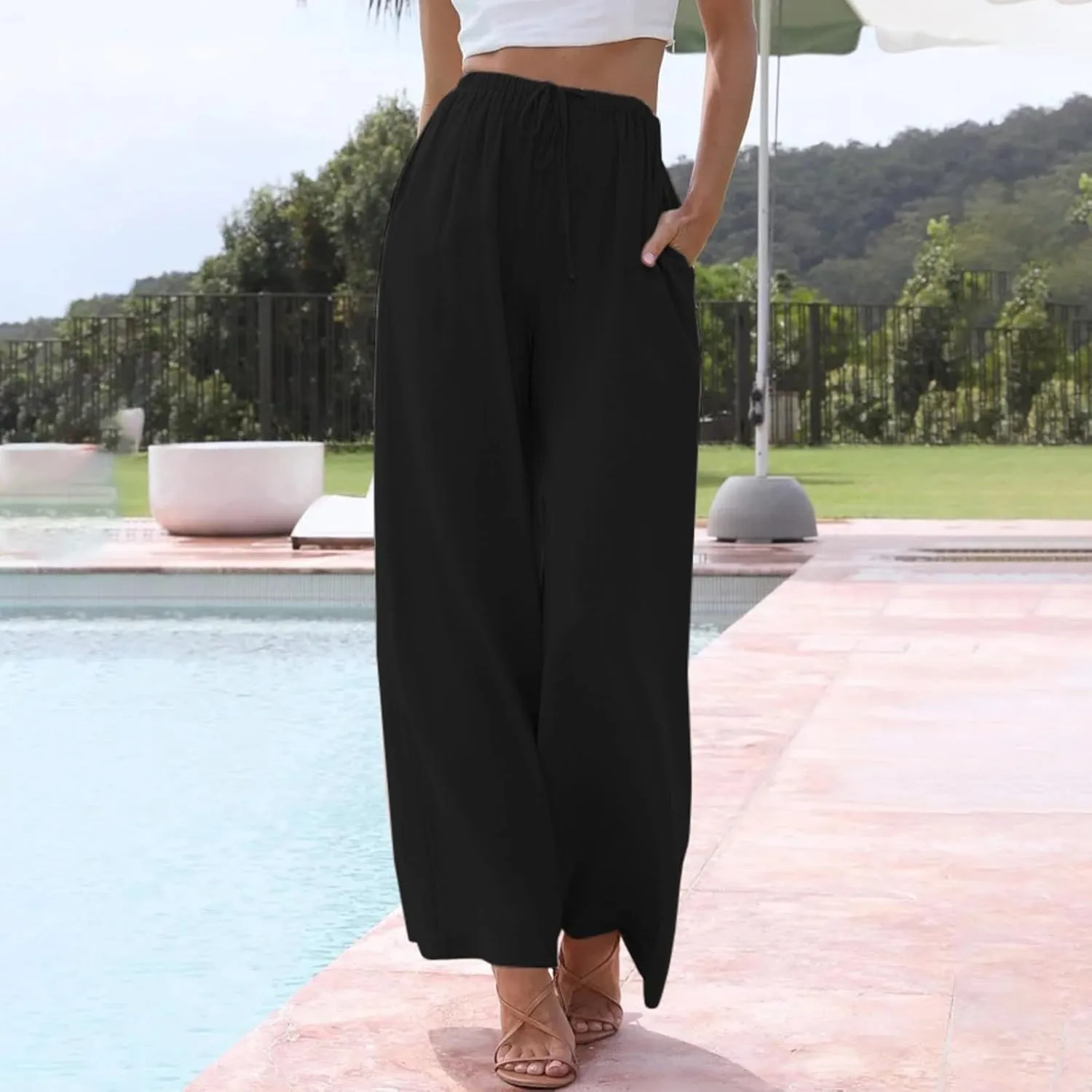 Linen Pants Women Summer Drawstring Elastic Waist Palazzo Trousers Loose Flowy Wide Leg Beach Pants with Pockets