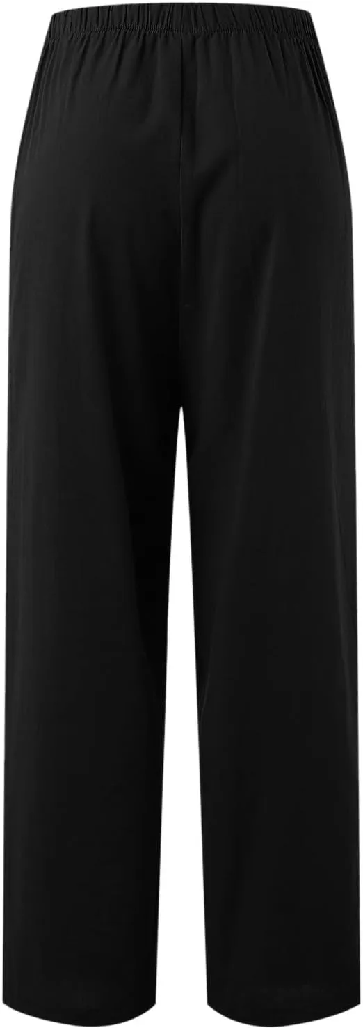 Linen Pants Women Summer Drawstring Elastic Waist Palazzo Trousers Loose Flowy Wide Leg Beach Pants with Pockets