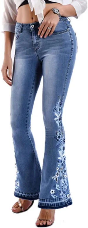 Lisskolo Bell Bottom Jeans for Women Flared Floral Embroidered Jean Wide Leg Denim Pants