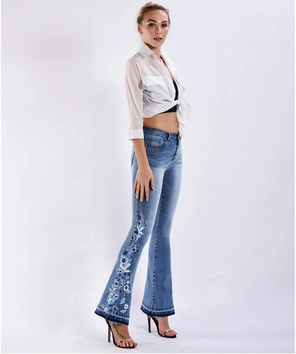 Lisskolo Bell Bottom Jeans for Women Flared Floral Embroidered Jean Wide Leg Denim Pants