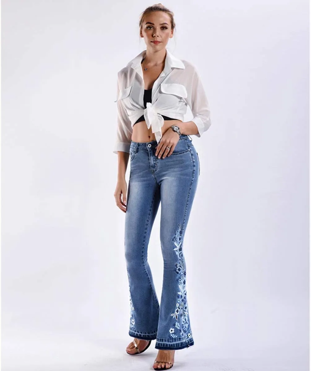 Lisskolo Bell Bottom Jeans for Women Flared Floral Embroidered Jean Wide Leg Denim Pants