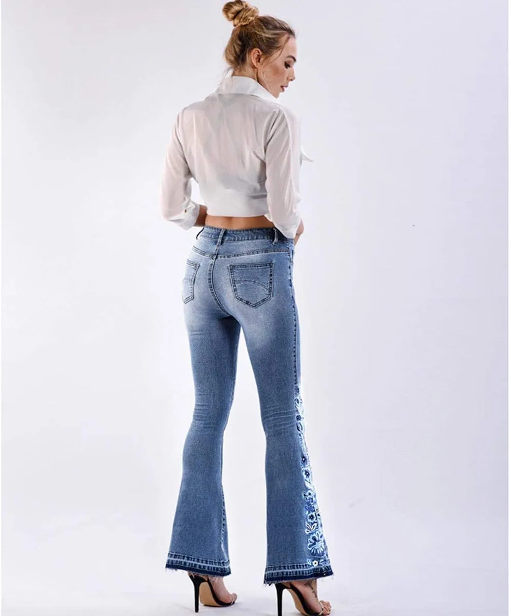 Lisskolo Bell Bottom Jeans for Women Flared Floral Embroidered Jean Wide Leg Denim Pants