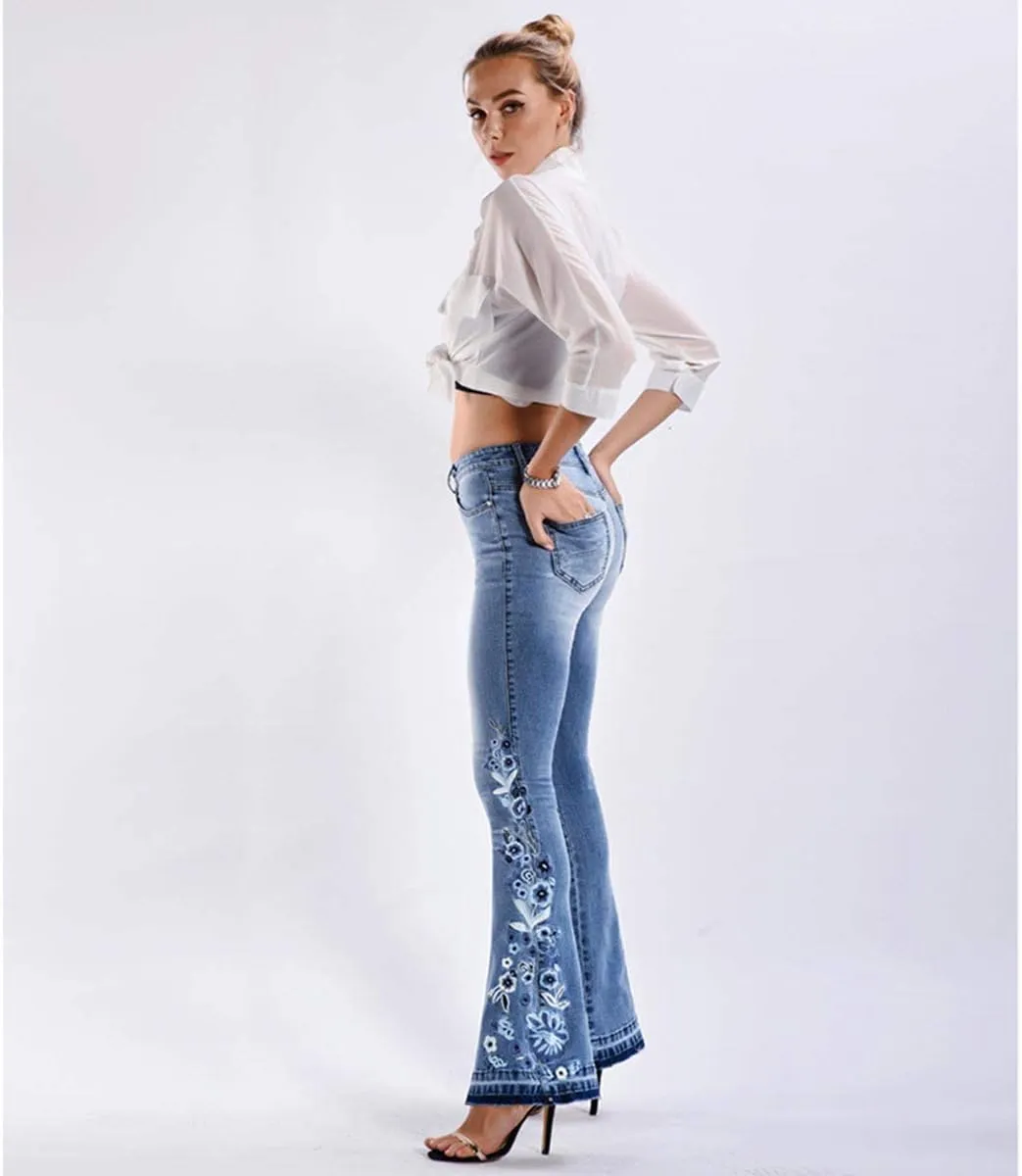 Lisskolo Bell Bottom Jeans for Women Flared Floral Embroidered Jean Wide Leg Denim Pants