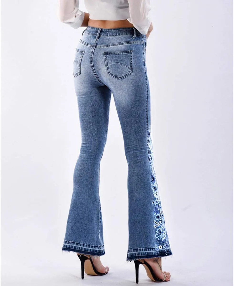 Lisskolo Bell Bottom Jeans for Women Flared Floral Embroidered Jean Wide Leg Denim Pants