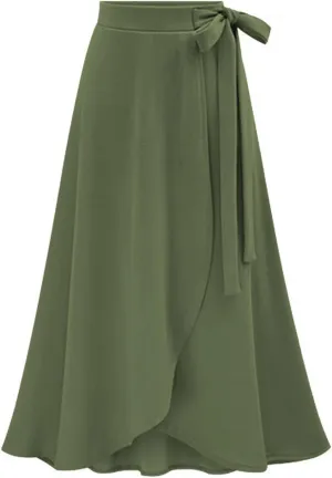 loveimgs Women's Fall Elastic High Waist Pleated Belted Midi Skirt Split Irregular Ruffle Hem Wrap Skirt