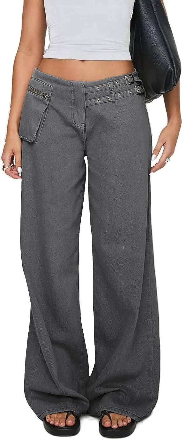 Low Rise Baggy Pants for Women Adjustable Waisted Wide Leg Denim Pants Vintage Straight Loose Jean Trousers