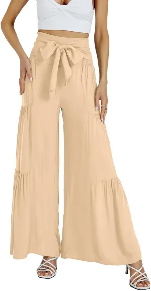 LYANER Women's Casual Tie Front Smocked High Waist Wide Leg Pleated Palazzo Lounge Pant