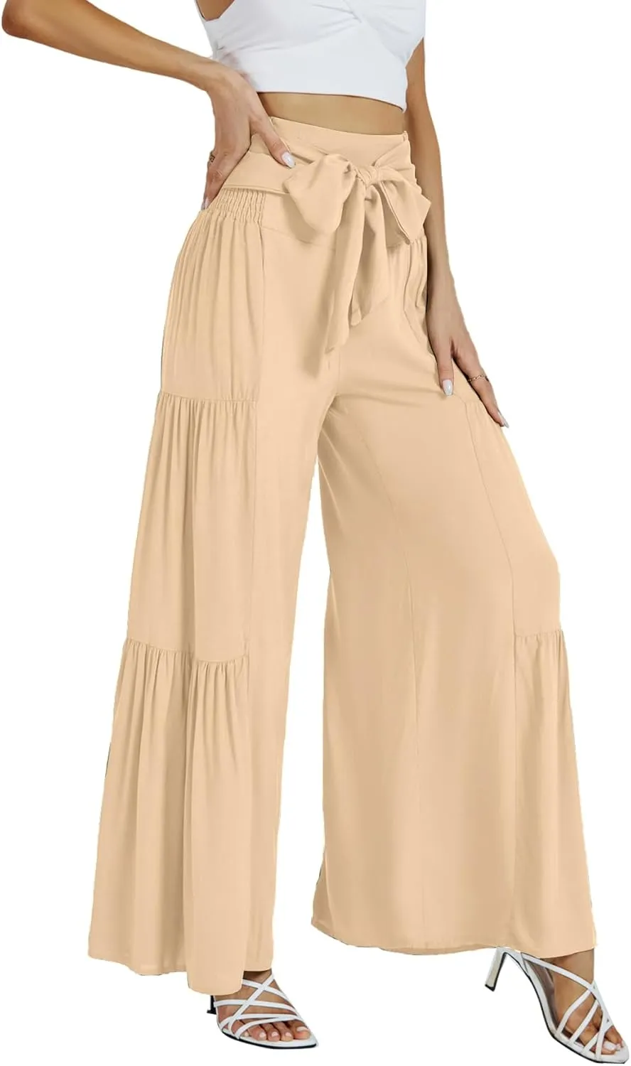 LYANER Women's Casual Tie Front Smocked High Waist Wide Leg Pleated Palazzo Lounge Pant