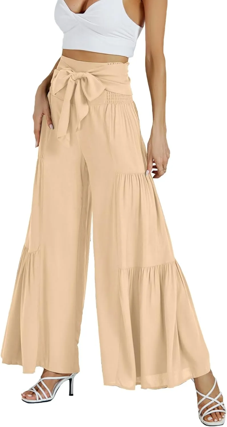 LYANER Women's Casual Tie Front Smocked High Waist Wide Leg Pleated Palazzo Lounge Pant