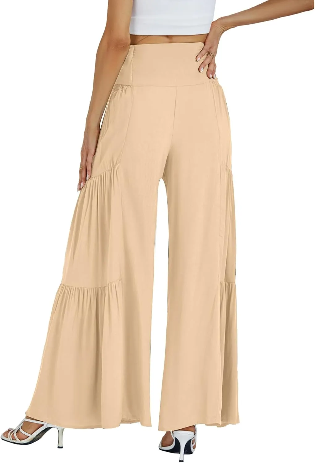 LYANER Women's Casual Tie Front Smocked High Waist Wide Leg Pleated Palazzo Lounge Pant