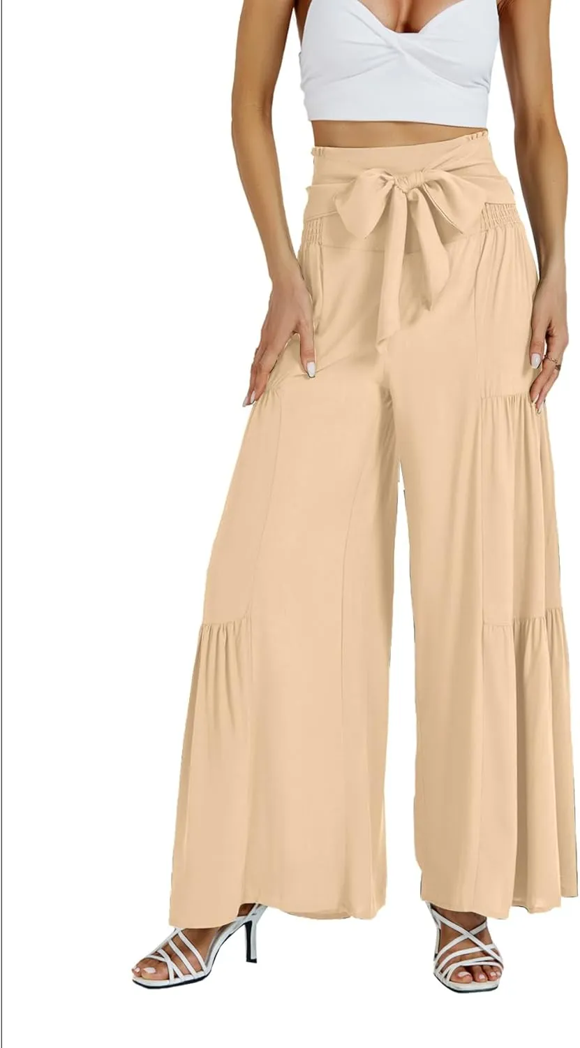 LYANER Women's Casual Tie Front Smocked High Waist Wide Leg Pleated Palazzo Lounge Pant