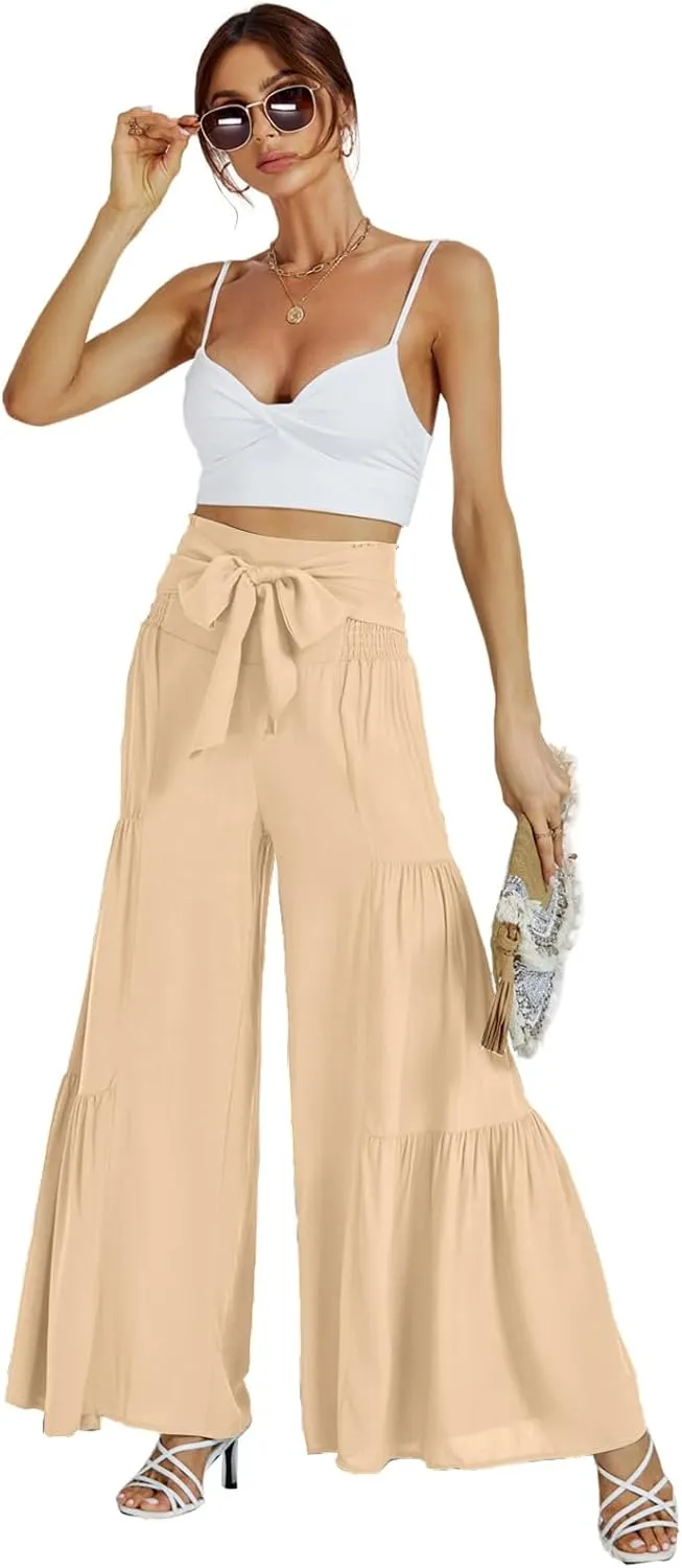 LYANER Women's Casual Tie Front Smocked High Waist Wide Leg Pleated Palazzo Lounge Pant