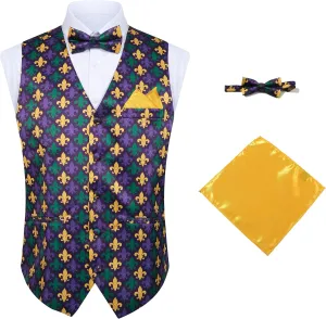 Mardi Gras Vest Kit for Men,Adult Mardi Gras Outfit with Bow Tie and Pocket Square,Mardi Gras Costume Set