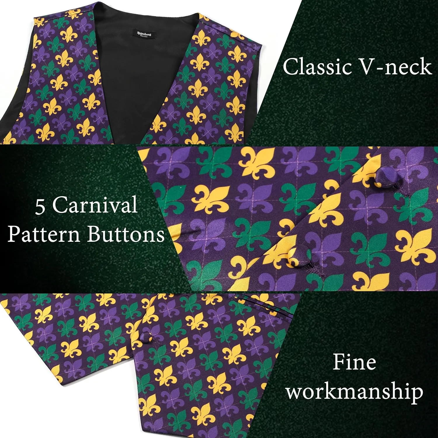 Mardi Gras Vest Kit for Men,Adult Mardi Gras Outfit with Bow Tie and Pocket Square,Mardi Gras Costume Set