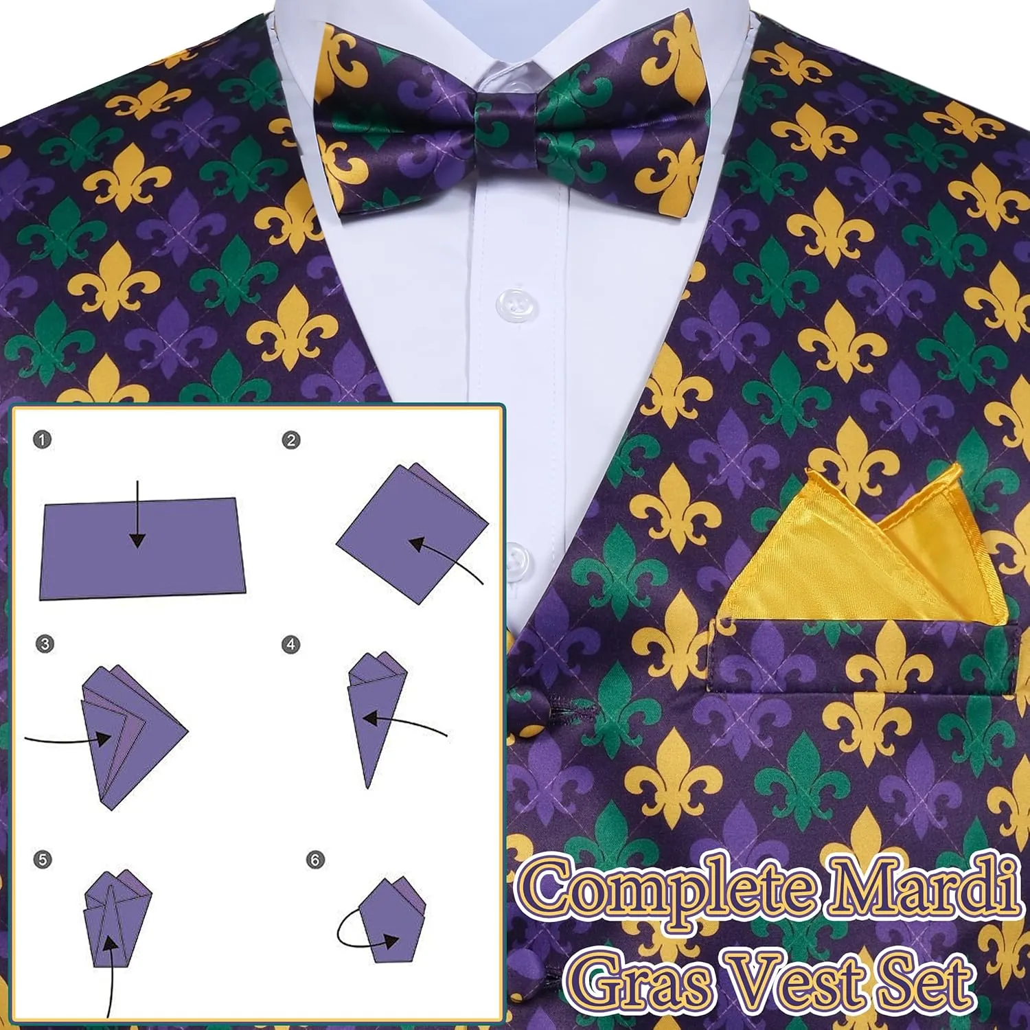 Mardi Gras Vest Kit for Men,Adult Mardi Gras Outfit with Bow Tie and Pocket Square,Mardi Gras Costume Set