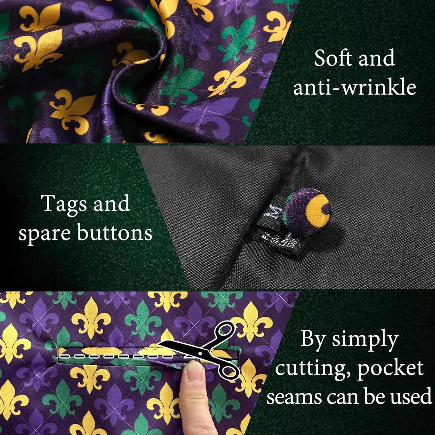 Mardi Gras Vest Kit for Men,Adult Mardi Gras Outfit with Bow Tie and Pocket Square,Mardi Gras Costume Set
