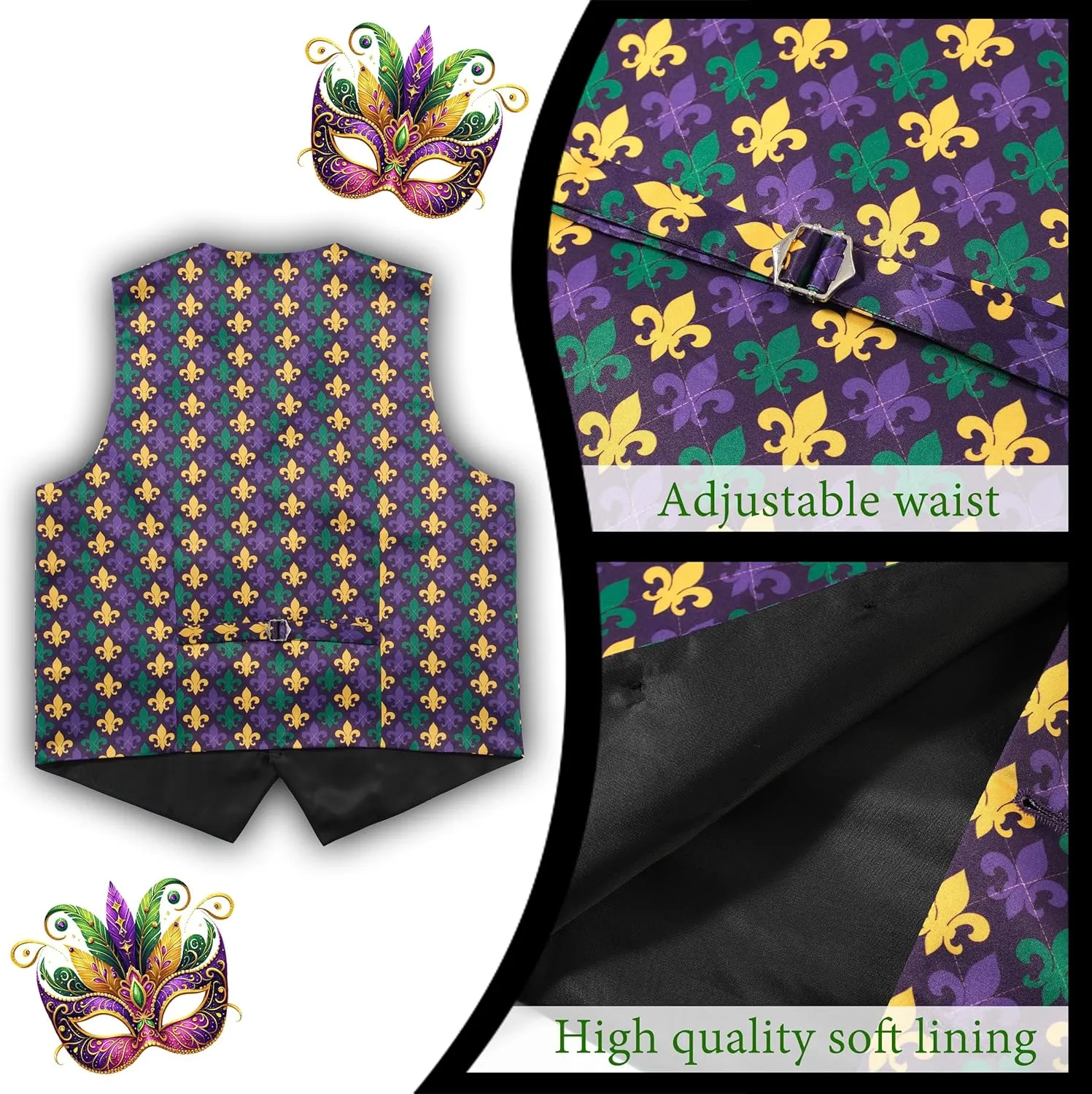 Mardi Gras Vest Kit for Men,Adult Mardi Gras Outfit with Bow Tie and Pocket Square,Mardi Gras Costume Set