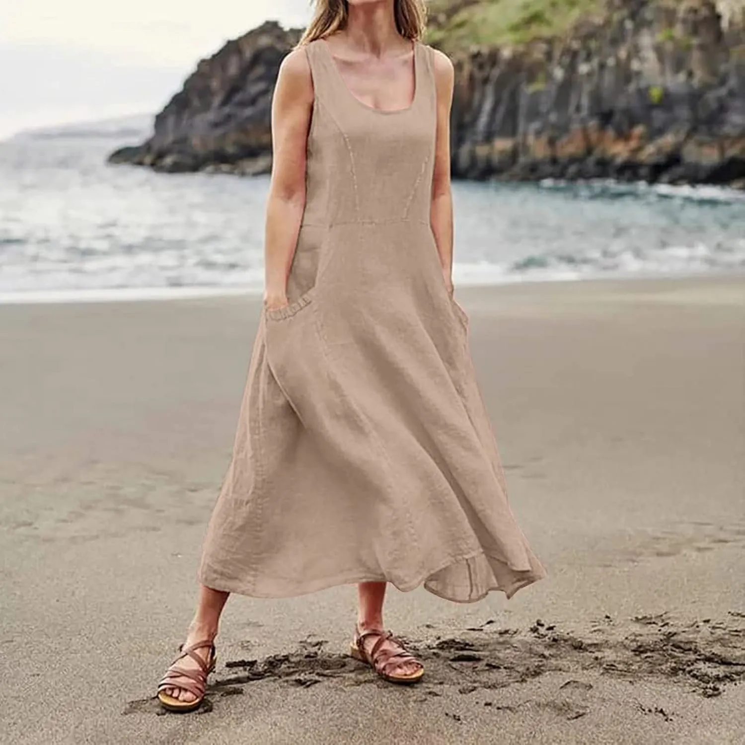 Maxi Floral Dress for Women Plus Size Vacation Scoop Neck Beach Dress with Pockets Long Comfy Flowy Sleeveless Sundress