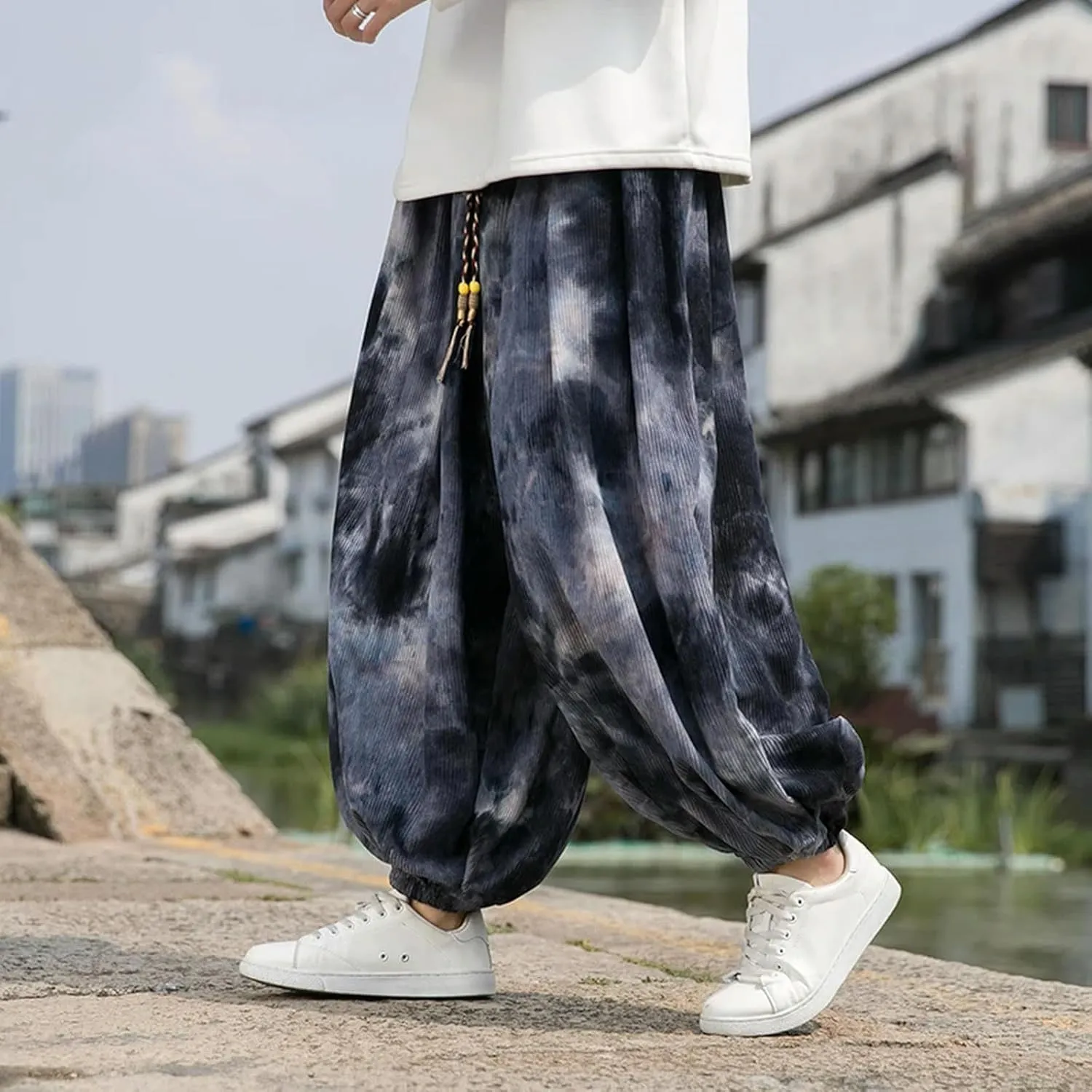 Men Casual Wide-Leg Sweatpants Vintage Elastic Waist Loose Harem Pants Mens Oversized Hip Hop Trousers Streetwear