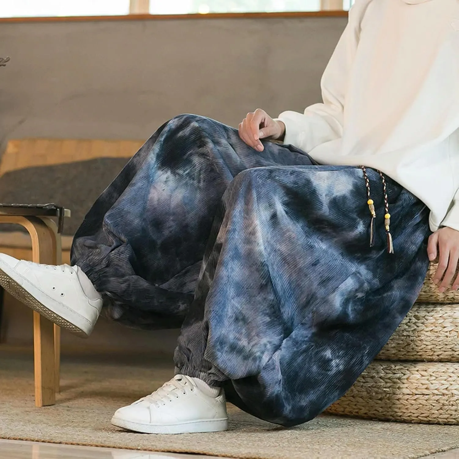 Men Casual Wide-Leg Sweatpants Vintage Elastic Waist Loose Harem Pants Mens Oversized Hip Hop Trousers Streetwear