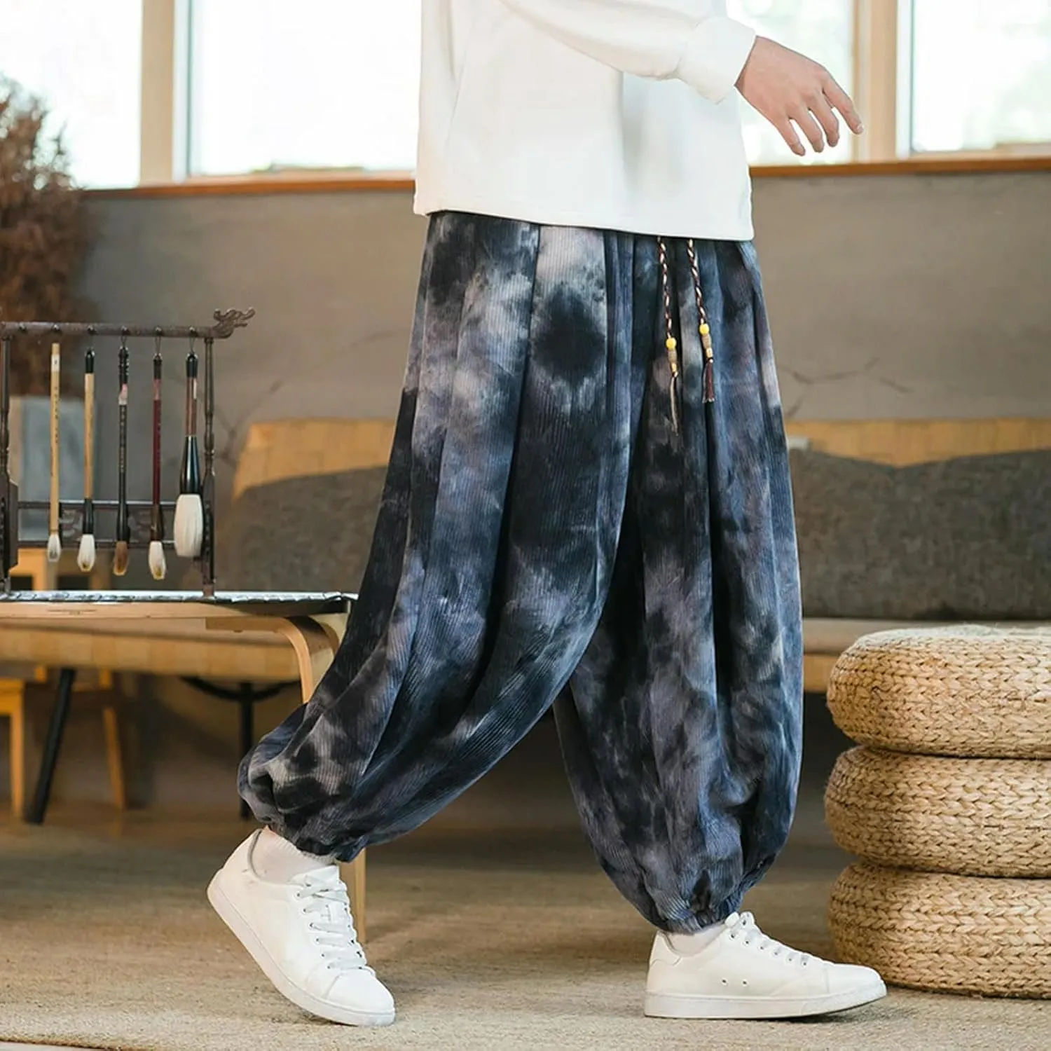 Men Casual Wide-Leg Sweatpants Vintage Elastic Waist Loose Harem Pants Mens Oversized Hip Hop Trousers Streetwear
