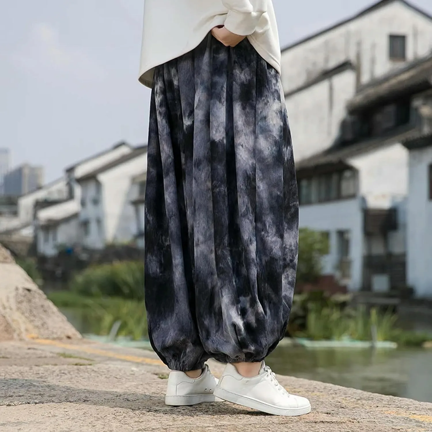 Men Casual Wide-Leg Sweatpants Vintage Elastic Waist Loose Harem Pants Mens Oversized Hip Hop Trousers Streetwear