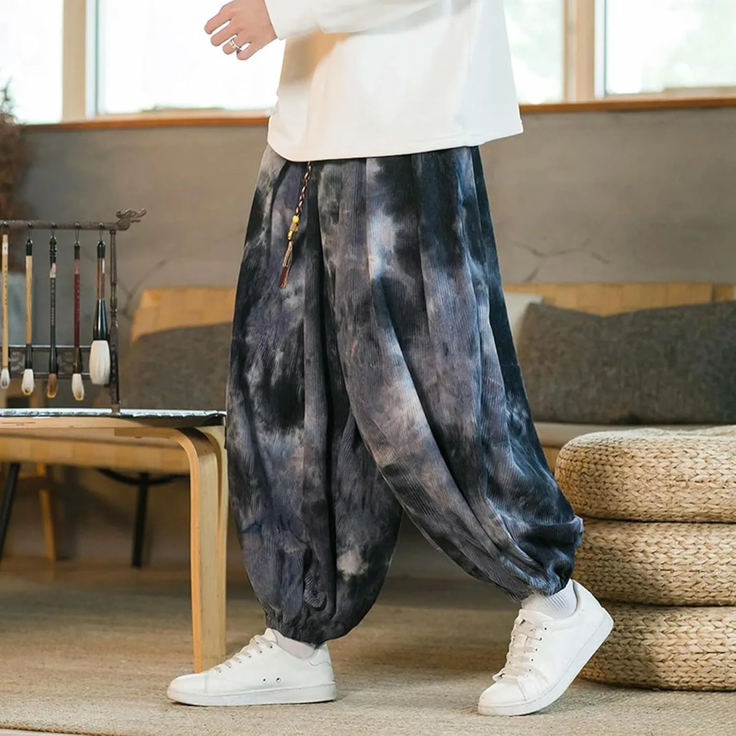 Men Casual Wide-Leg Sweatpants Vintage Elastic Waist Loose Harem Pants Mens Oversized Hip Hop Trousers Streetwear