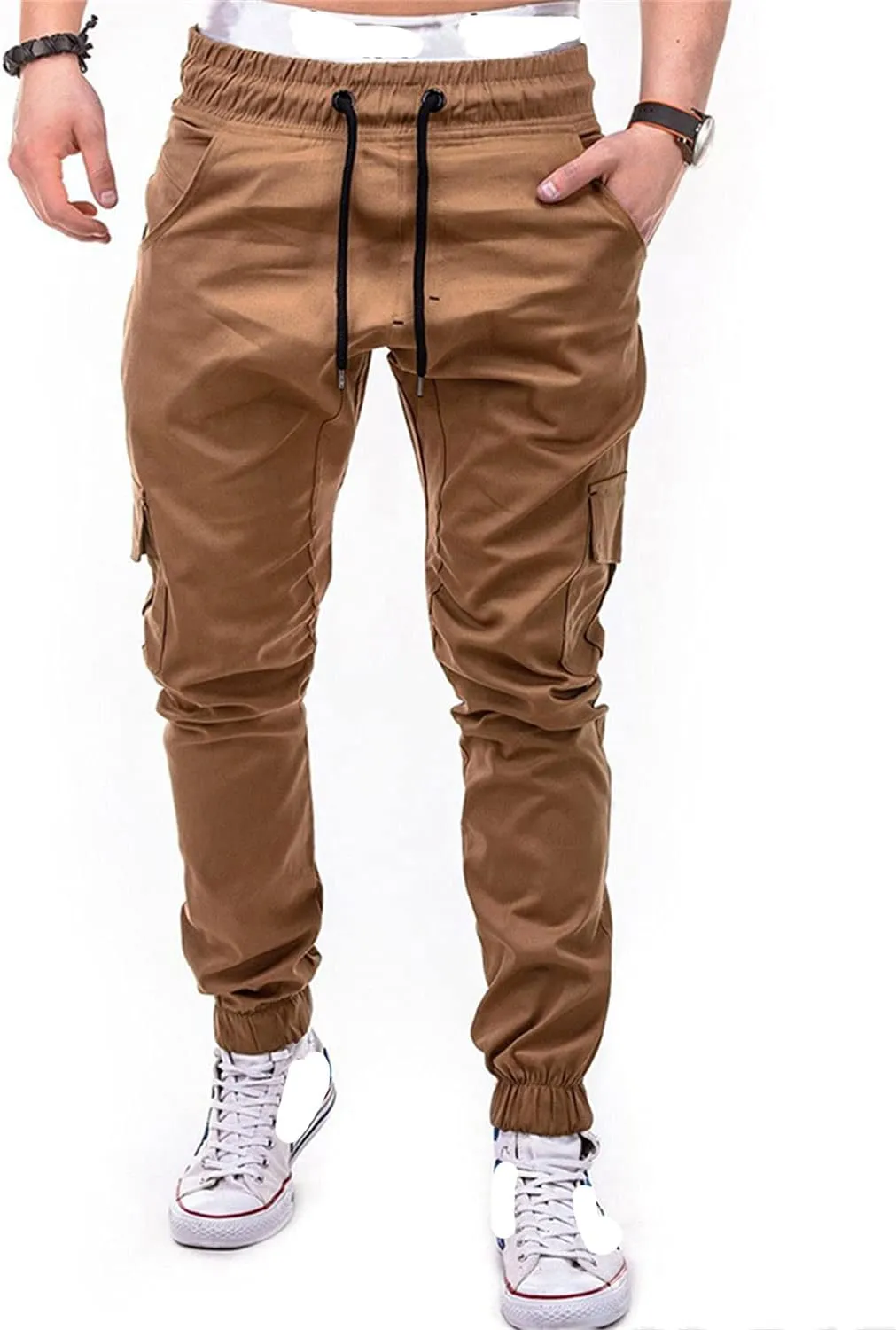 Men Slim Fit Casual Jogger Athletic Long Pant Hip Hop Chino Pocket Trousers Drawstring Outdoor Work Military Tactical Pants (Khaki,Large)